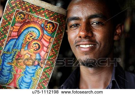 Lathar painting from Axum, craft shop, Churchill Avenue, Piazza, addis ababa ethiopia - u75-1112198