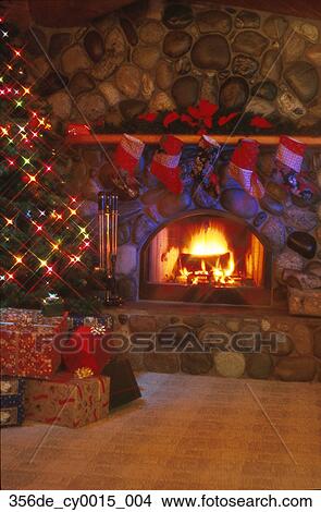 Colección de foto - chimenea, adornado, para, medias de navidad, y