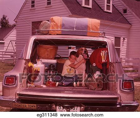 Pictures Of 1960s Boy Hugging Dog Back Station Wagon Eg311348 - Search 