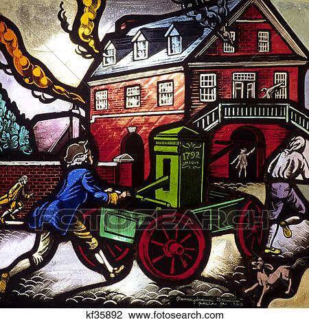 图吧 - 沾污玻璃窗口, 在中, 消防队员, 放, 房屋,