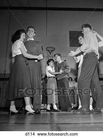 slow dancing teenage dance 1940s gymnasium 1950s boys d114 fotosearch