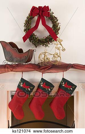 Colección de foto - repisa de chimenea, adornado, para, navidad