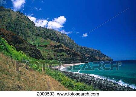 影像- 夏威夷, kauai, na pali 海岸, 形迹, 结束, 在, kalalau, 海滩