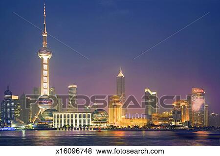照片 - 中国, 上海, 东方的珍珠塔, 以及, 城市地平
