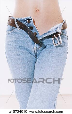 Stock Photography Of Topless Woman Wearing Denim Jeans With Open Fly