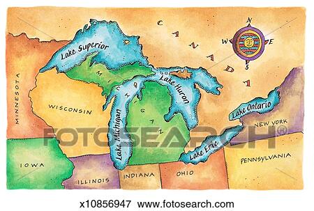 Stock Illustration of Map of the Great Lakes x10856947 - Search EPS