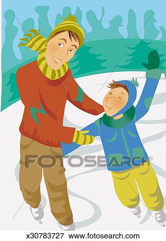 Stock Illustration Of Father And Son Ice Skating In Winter Stock Illustration Of Father And Son Ice Skating In Winter