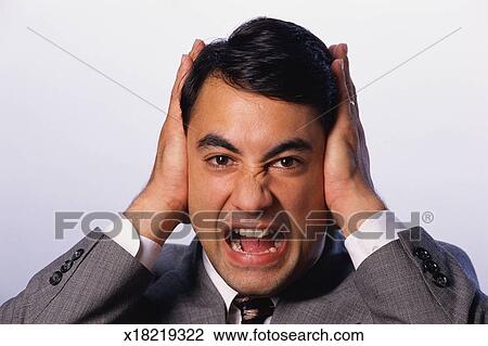 hands ears pressing against covering frowning man head fotosearch search