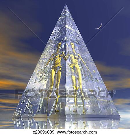 Stock Photograph Of Glass Pyramid With Encased Female Nude Figures