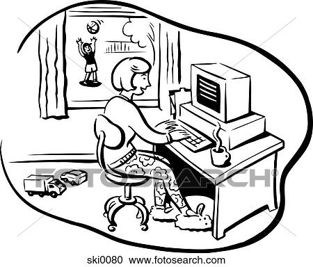 Stock Illustrations Of Working At Home B&w Ski0080 - Search Clipart ...