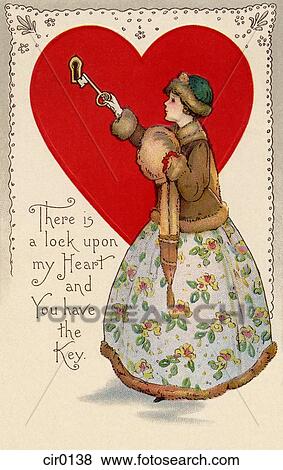 Stock Illustration of A vintage Valentine postcard with a woman using a