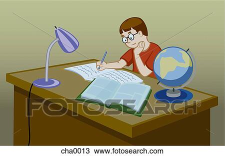 Desenho - um, menino, fazendo, dever casa. Fotosearch - Busca de Imagens Clip Art, Ilustrações, Impressões de Arte Fina e Vetores Gráficos EPS