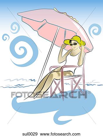 Stock Illustration of woman sitting under a beach umbrella ...