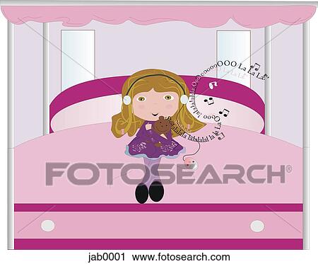 Clipart of little girl sitting on bed and listening to music jab0001 ...