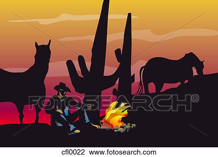 Clip Art of A drawing of a cowboy by the campfire in the desert cfl0022 ...