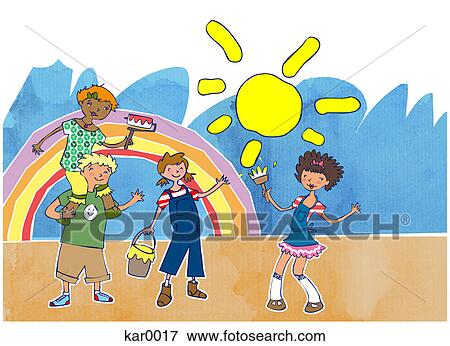 stock illustration kids painting a rainbow fotosearch search eps clipart drawings - Pictures Of Kids Painting stock illustration kids painting a rainbow fotosearch search eps clipart drawings - Pictures Of Kids Painting