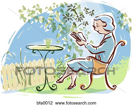 Clip Art of A woman reading in her garden bfa0012 - Search Clipart