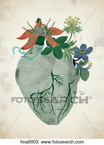 Drawing of A gray heart with flowers growing out of it ...