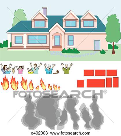 Drawing of House on fire, back. e402003 - Search Clipart, Illustration