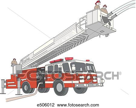 Clip Art of Two firefighters sit atop an aerial ladder from a ladder