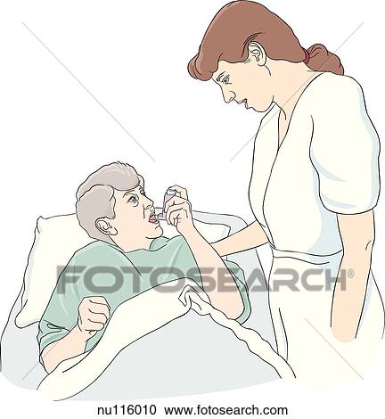 Elderly female patient in hospital bed holds nebulizer to mouth, nurse ...
