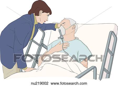 Clip Art of Woman leans over elderly man lying in hospital bed to ...