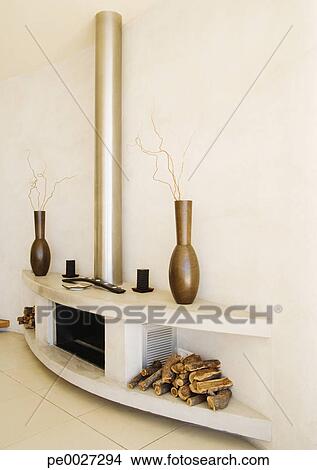 Colección de foto - moderno, chimenea, con, madera, pilas, en, cada