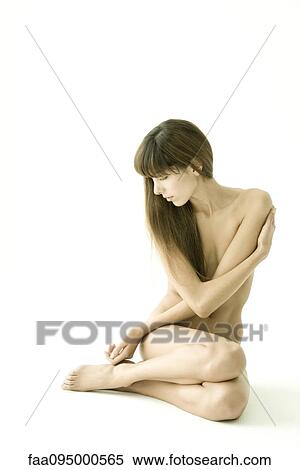 图片银行 - <em>裸体</em>的<em>妇女</em>, 坐, 带, 武器折叠, 横跨,