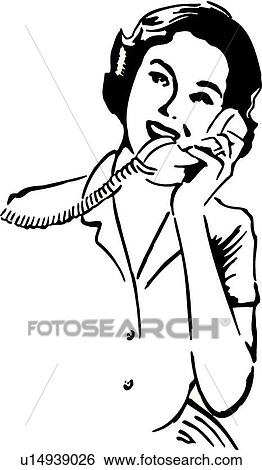 Clip Art Of Retro Woman Holding A Phone U14939026 - Search Clipart 