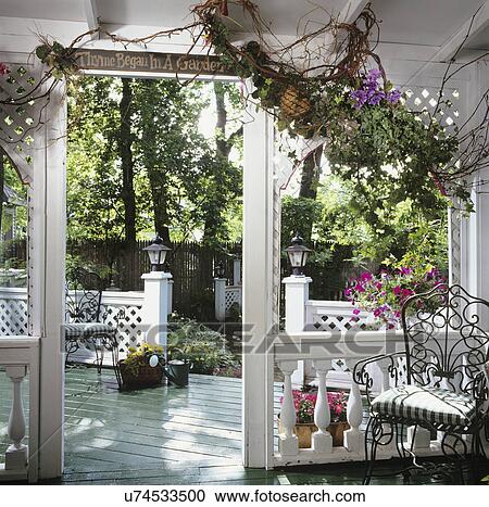 Banco de Fotografías - PORCHES;, blanco, enrejado, barandillas, cuadro