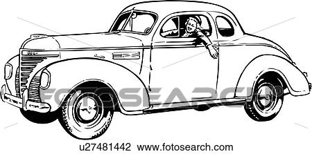 Clipart of illustration, lineart, classic, car, auto, automobile, 1939