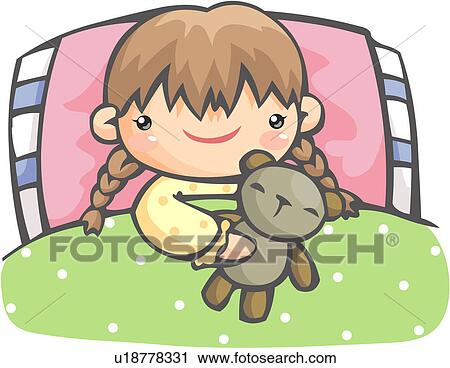 teddy bear, girl, doll, bed, lying, child View Large Clip Art Graphic