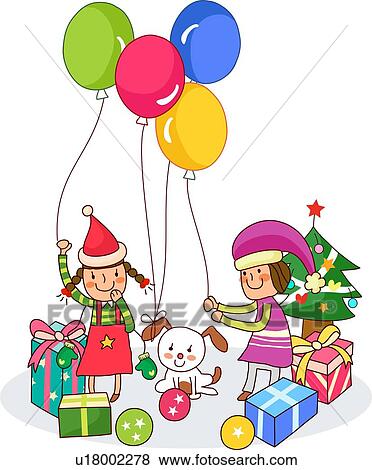 dos niñas, juego, con, globos, cerca, navidad presenta Ver Ilustración en Grande.