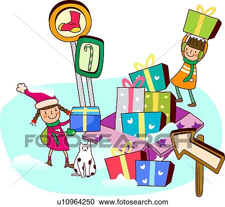 dos niñas, con, navidad presenta Ver Ilustración en Grande dos niñas, con, navidad presenta Ver Ilustración en Grande