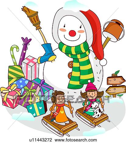 dos niñas, sentado, en, trineos, con, un, snowman, cerca, navidad presenta Ver Ilustración en Grande.