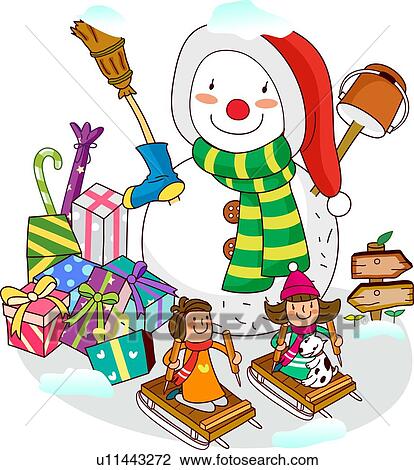 dos niñas, sentado, en, trineos, con, un, snowman, cerca, navidad presenta Ver Ilustración en Grande. dos niñas, sentado, en, trineos, con, un, snowman, cerca, navidad presenta Ver Ilustración en Grande.