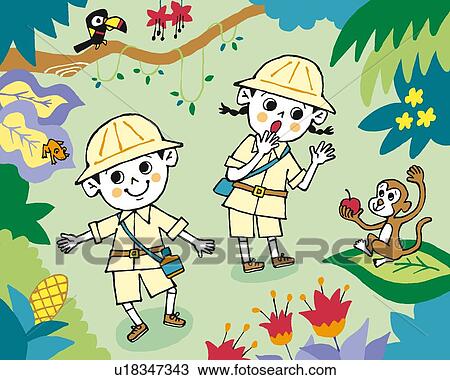 手绘图 - 孩子, 探索, 在中, 丛林, 绘画, 描述, illustrative, 技术