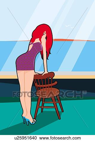 Stock Illustrations of Young woman leaning over chair by the beach