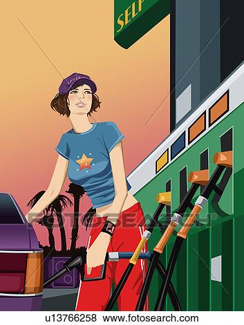 图库 - 青少年, 漂亮, 户外, 女性, 妇女, 加油站, 可