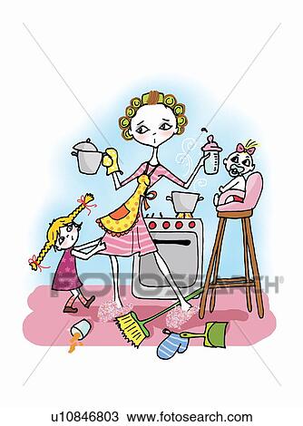 Drawing Of Woman In Kitchen With Two Kids Cooking U10846803 Drawing Of Woman In Kitchen With Two Kids Cooking U10846803