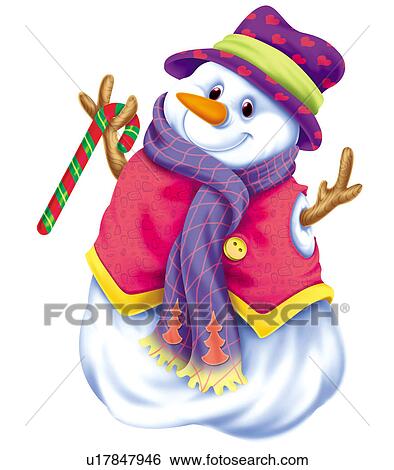 剪贴画 - 雪人, 带, 帽子, 背心, 同时,, 围巾 u1784
