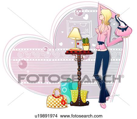 Drawing - Shopping for purses. Fotosearch - Search Clip Art