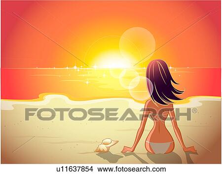 Desenhos menina, em, biquÃni, sentando praia, em, pôr do sol ... Désign sol Desenho