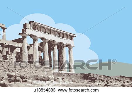 手绘图 - 希腊, 雅典, 卫城, parthenon, 首都城市