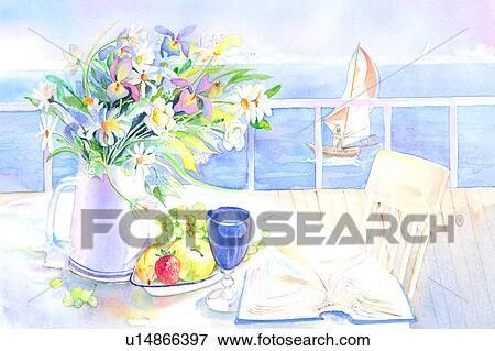 fleur, tableau aquarelle, de, paysage, mer. Fotosearch - Recherche de ...