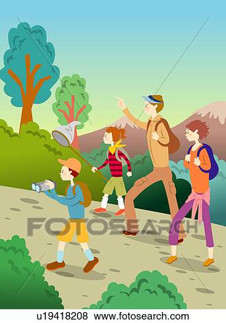 Stock Illustration of Young parents hiking with children on mountain