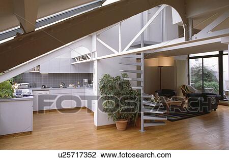 Archivio fotografico alto, houseplant, accanto, bianco, scala ... Soggiorno bianco e legno