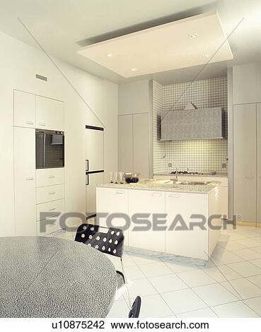 Stock foto eiland, eenheid, in, hippe, witte, keuken, met ...