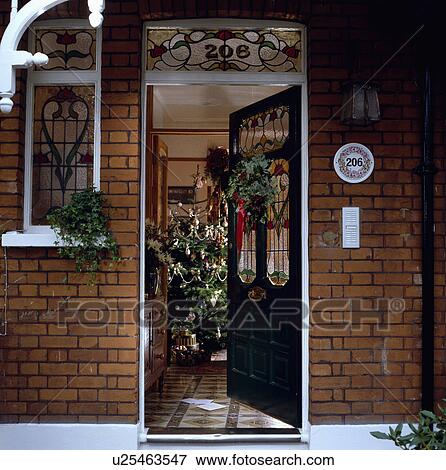 Christmas Front Door Clipart picture of open front door with stained glass panels and view of Christmas Front Door Clipart picture of open front door with stained glass panels and view of