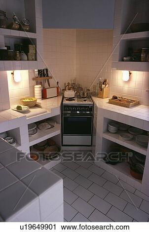 Stock fotografie hoek, oven, en, open, witte, tiled, planken, in ...